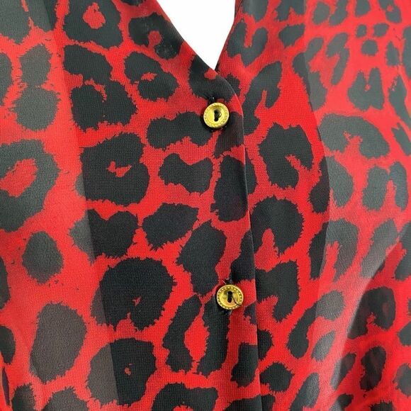 Avon Signature Leopard Print Semi Sheer Button Down Blouse Red & Black Sz Small - Picture 3 of 4